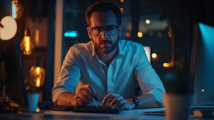 Obraz premium Man Working Late in Modern Office