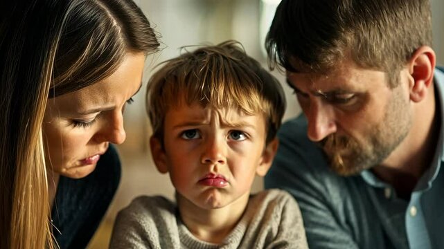 A young caucasian boy with blond hair looks upset indoors. His mother and father, both caucasian, attempt to comfort him. All wear casual clothing suggesting a warm, caring family environment.