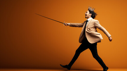 A businessman wearing a crown, holding a sword and shield, acting fierce, solemn, and brave like a warrior going to war. The idea is to dedicate oneself to overcome obstacles for success in business.