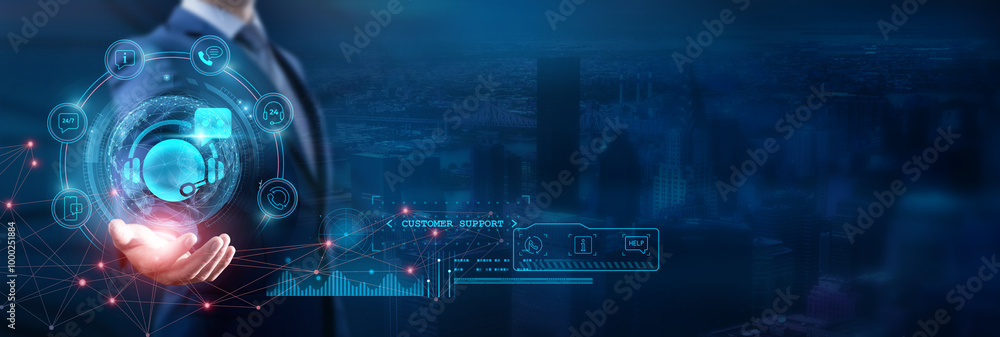 Poster businessman holding a global structure symbolizing network technology, indicating seamless integrati