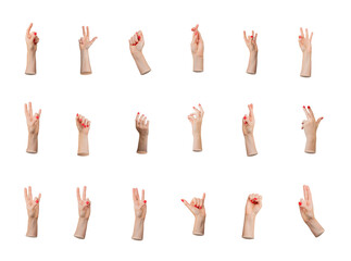 Various hand gestures displayed by multiple female hands with red-painted nails. Each hand is...