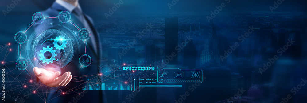 Aufkleber engineering. businessman hold of global structure integrates network technology to enhance operation