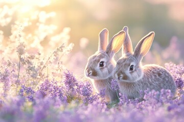 Obraz premium Two Adorable Bunnies Resting in a Field of Purple Flowers