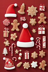 simple pattren santa hat and gingerbread red background