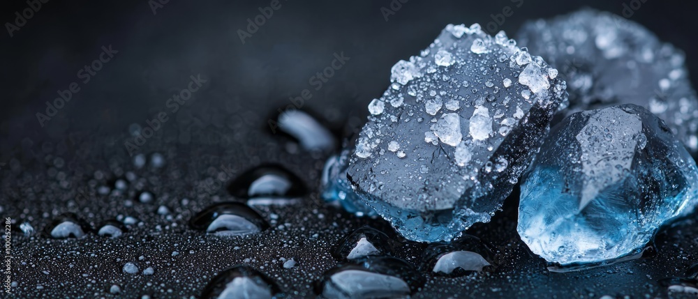 Sticker  Two ice cubes atop a black surface, draped in water droplets and teardrop-shaped puddles