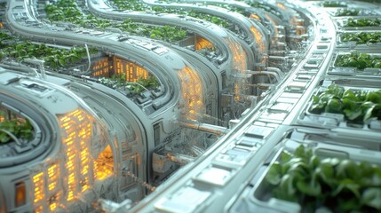 Naklejka premium Futuristic neon energy harvesting center with advanced agriculture integration