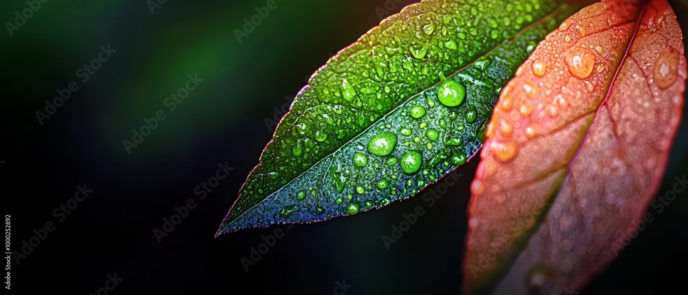 Poster  A tight shot of a green leaf dotted with water droplets at its rear end In the backdrop, red leaves intermingle with green foliage