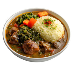 Hearty bowl of stew with tender meat, rice, and vibrant vegetables, perfect for a comforting meal