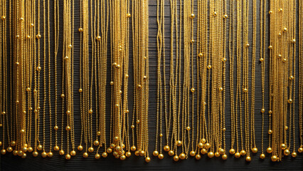 Elegant golden chains and beads arranged artistically against a black wooden background.