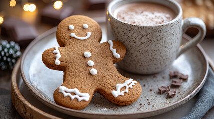 Fototapeta premium Hot cocoa and gingerbread on a cozy winter table