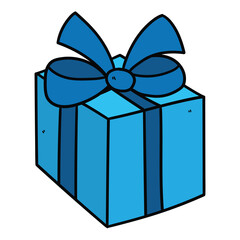 Hand drawn cartoon blue gift box on white background.