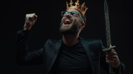 A businessman wearing a crown, holding a sword and shield, acting fierce, solemn, and brave like a warrior going to war. The idea is to dedicate oneself to overcome obstacles for success in business.