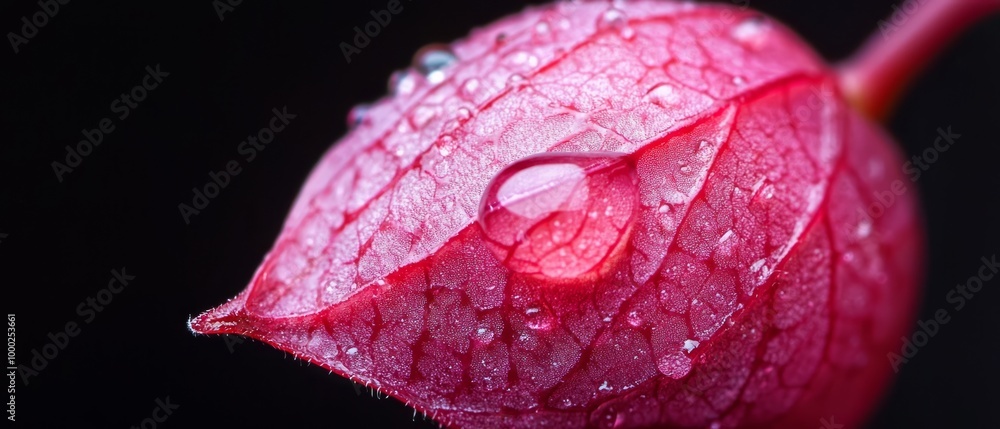 Sticker  A red flower with water droplets on its petals against a black background