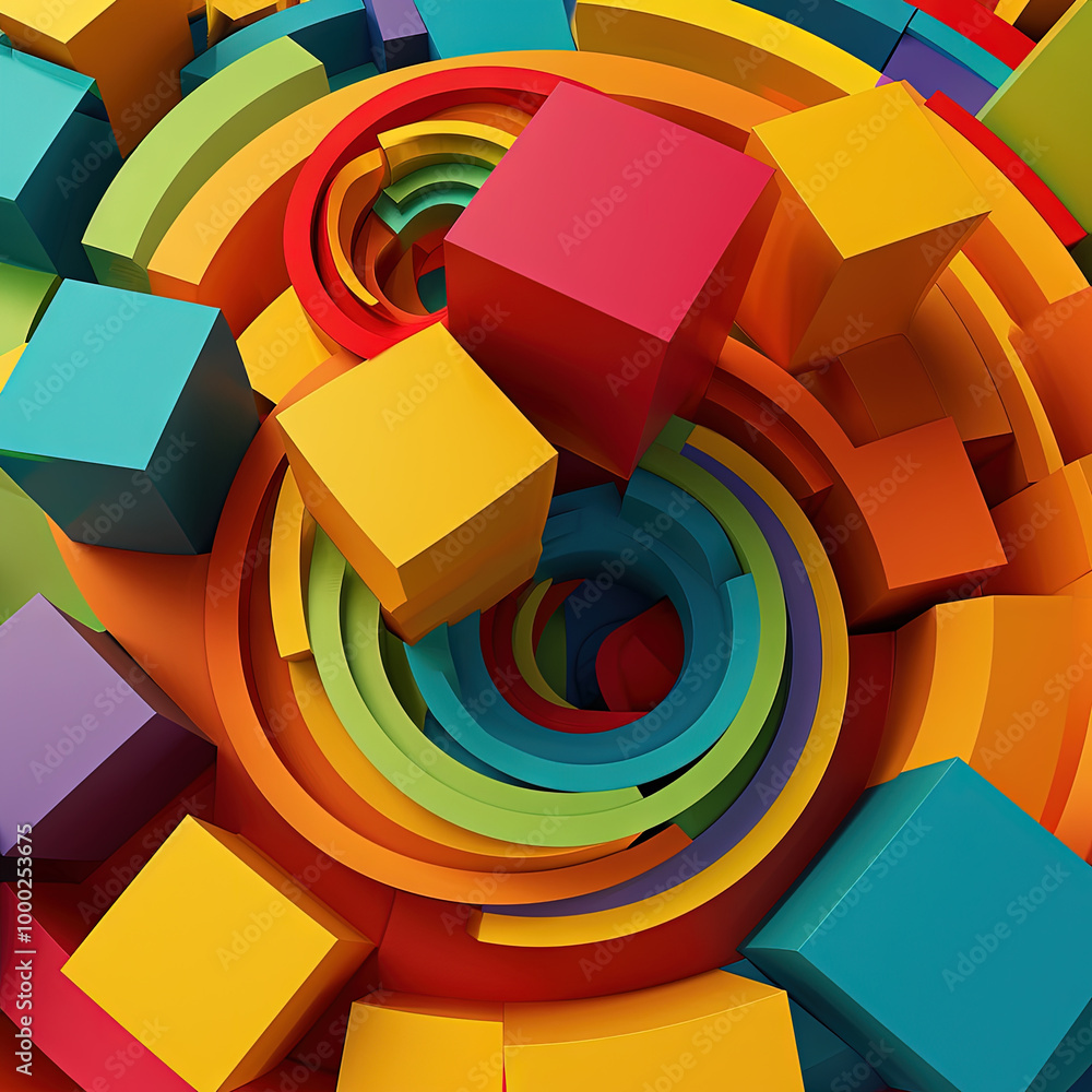 Poster abstract background with colorful 3d shapes scattered in geometric composition