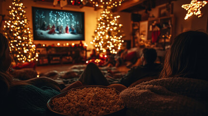 Cozy family movie night by the Christmas trees