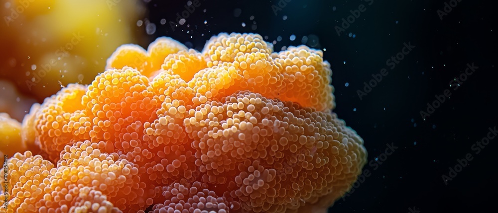 Poster a tight shot of an orange-yellow coral against black, dotted with water droplets on its surface