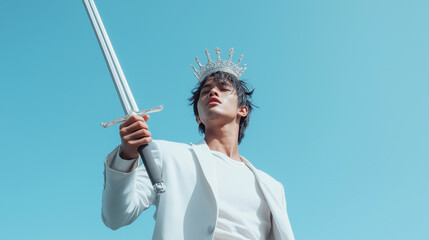 A businessman wearing a crown, holding a sword and shield, acting fierce, solemn, and brave like a warrior going to war. The idea is to dedicate oneself to overcome obstacles for success in business.