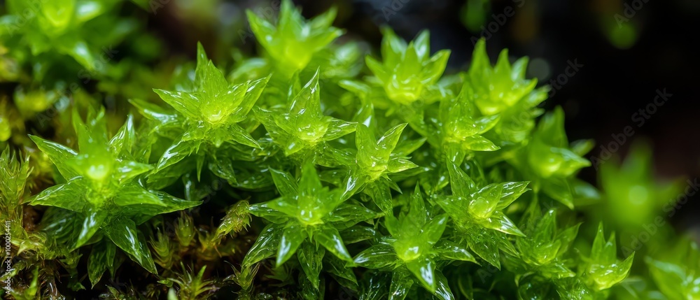 Poster leaves dotted with water drops against a blurred backdrop