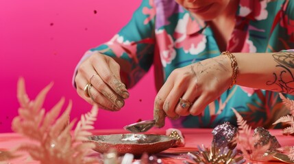 A close-up of a woman working with resin, pouring glitter into a decorative bowl on a vibrant pink background. Her hands are adorned with jewelry, showcasing the artistic process of resin crafting.