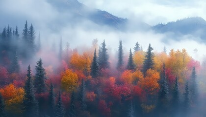 Misty Autumn Forest with Colorful Trees and Fog