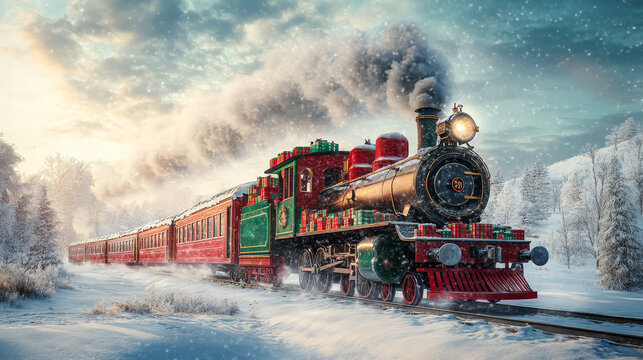 Steam train crosses snowy scenery