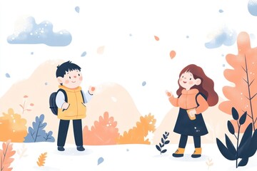 Two Children in Winter Clothing Walking Through a Snowy Landscape