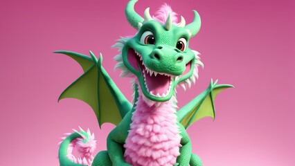 Fototapeta premium A cheerful green dragon character with large wings and a playful expression against a pink background.