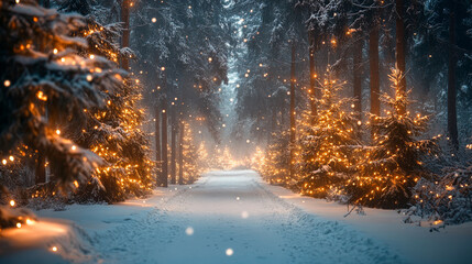 Naklejka premium Snowy forest path illuminated by festive lights