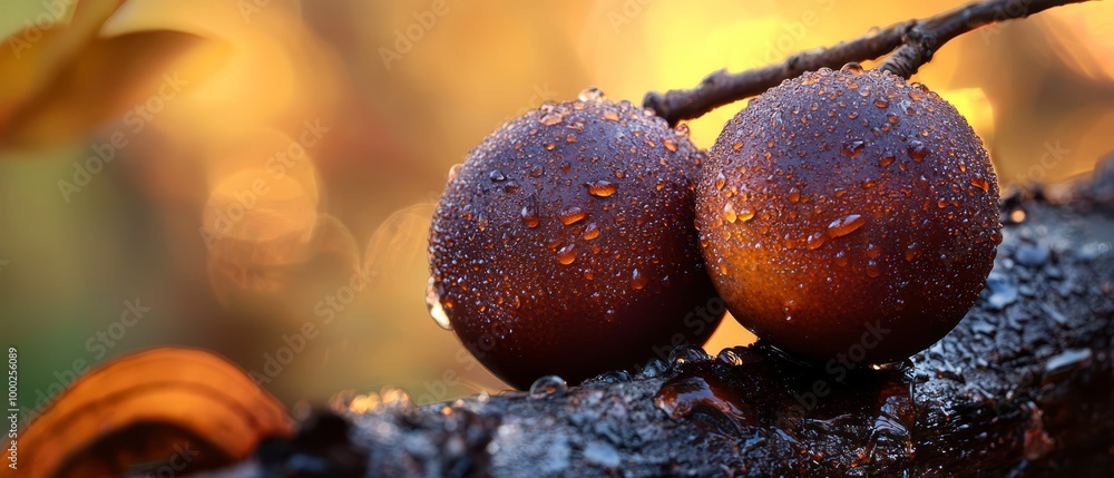 Sticker  Two fruits atop a tree branch, dripping with water-specked leaves Background softly blurred