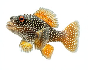 Fototapeta premium Spotted pufferfish, body puffed up, displaying intricate patterns, set against white backdrop, saltwater creature, tropical marine fish.