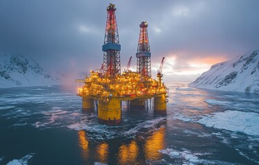 Oil and gas rig illuminated at dusk with surrounding icy waters and mountains under a darkening sky
