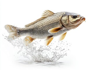 Fototapeta premium Silver carp leaping out of water, detailed scales and streamlined body, isolated on white background, freshwater species