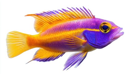 Fototapeta premium Royal gramma fish with purple and yellow coloration, isolated on white background, coral reef species, vibrant marine life
