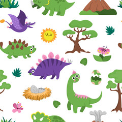 Vector dinosaur seamless pattern. Cute prehistoric animal repeat background. Dino digital paper with Pterodactyl, Stegosaurus, Triceratops, brachiosaurus for kids