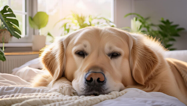Happy and satisfied golden retriver lying on a bed on a white carpet in a sunny living room.