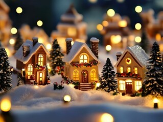 Fototapeta premium Miniature Christmas village with snow-covered houses and festive lights.