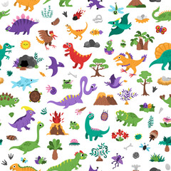 Vector dinosaur seamless pattern. Cute prehistoric animal repeat background. Dino digital paper with Pterodactyl, Stegosaurus, Tyrannosaurus, Triceratops, T-Rex for kids