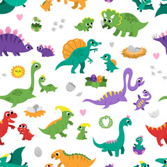Vector dinosaur moms and babies seamless pattern. Cute prehistoric animal repeat background. Dino mother and child digital paper. Parents and kids dino with eggs, nest. Cute mother day texture