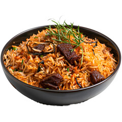 Fototapeta premium Delicious biryani dish with juicy meat and fragrant herbs, served in a sleek black bowl, ideal for a tasty dinner