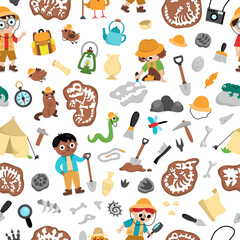 Vector paleontologist seamless pattern. Cute prehistoric animal scientist repeat background. Dino researcher digital paper with fossils, bones, tools, brush. Archaeologists texture for kids