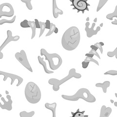 Vector dinosaur bones, skeletons and skulls seamless pattern. Cute prehistoric animal fossil repeat background. Dino burial and tombs digital paper. Archaeologists or paleontologist texture