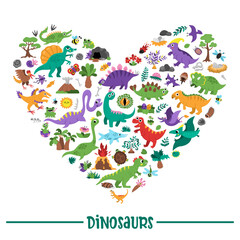 Fototapeta premium Vector dinosaur heart shaped frame with Pterodactyl, Stegosaurus, Tyrannosaurus, Triceratops, T-Rex. Prehistoric animal card template design for banner, invitation. Dino party elements for kids