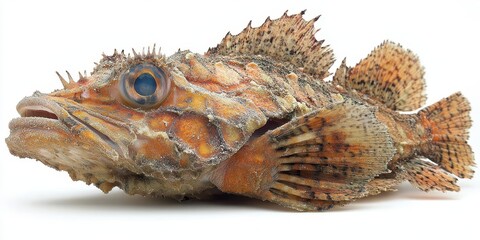 Obraz premium Rough scorpionfish with textured skin and spines, isolated on white background, venomous saltwater species, an apex predator of the sea.