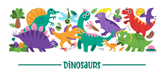 Vector horizontal dinosaur border set. Prehistoric card template design with dino characters. Cute ancient animals border with Stegosaurus, Tyrannosaurus, Triceratops, T-Rex, egg, nest