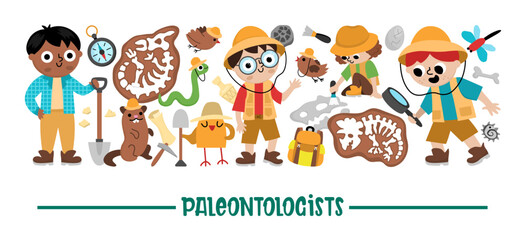 Vector horizontal paleontologist border set. Prehistoric animal scientist card template design with fossils, bones, tools, brushes, spades, characters. Cute archaeologists border for kids © Lexi Claus