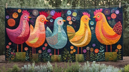 Whimsical quilted wall hanging with vibrant rooster designs for spring décor