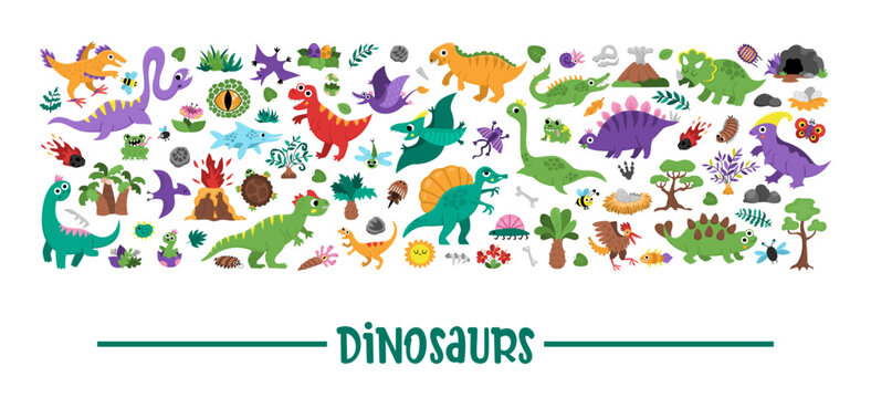 Vector dinosaur horizontal set with Pterodactyl, Stegosaurus, Tyrannosaurus, Triceratops, T-Rex. Prehistoric animal card template or frame design for banner, invitation. Dino party elements