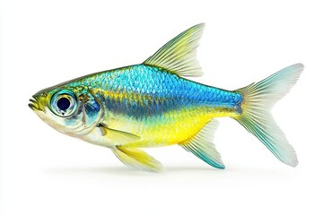 Fototapeta premium Iridescent tetra fish, vibrant blue and green scales, isolated on white background, freshwater aquarium species, tropical fish