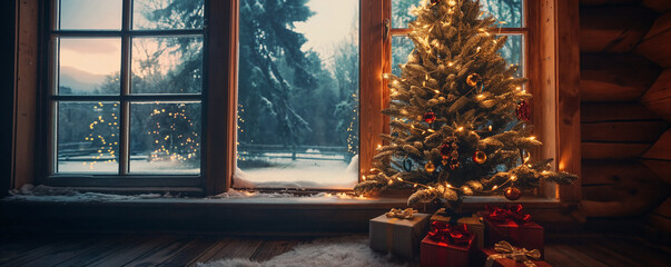 Decorated Christmas tree and presents at home with view of snowy landscape through the window
