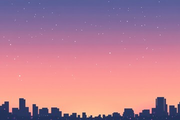 Silhouetted Cityscape Against a Vibrant Sunset Sky with Scattered Stars